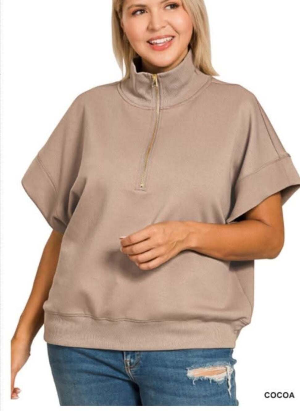 Zenana NIP NWT Cocoa Scuba Collared Short Sleeve Quarter Zip Pullover